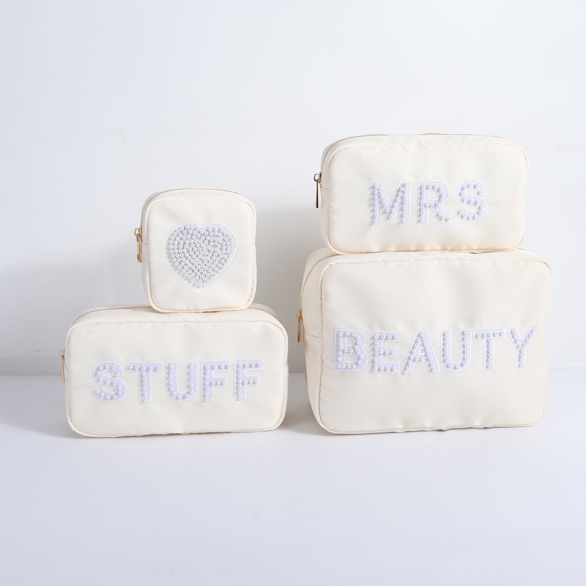 New Products 2024 Nylon Zipper Bag Pearl Letter Patches Embroidered Cosmetic Storage Bag Women Pouch Bags Makeup Organizer