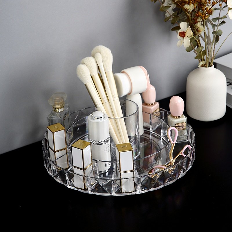 Wholesale clear round shape single layer 360 degree rotating plastic cosmetic makeup multi-drawers organizer storage box