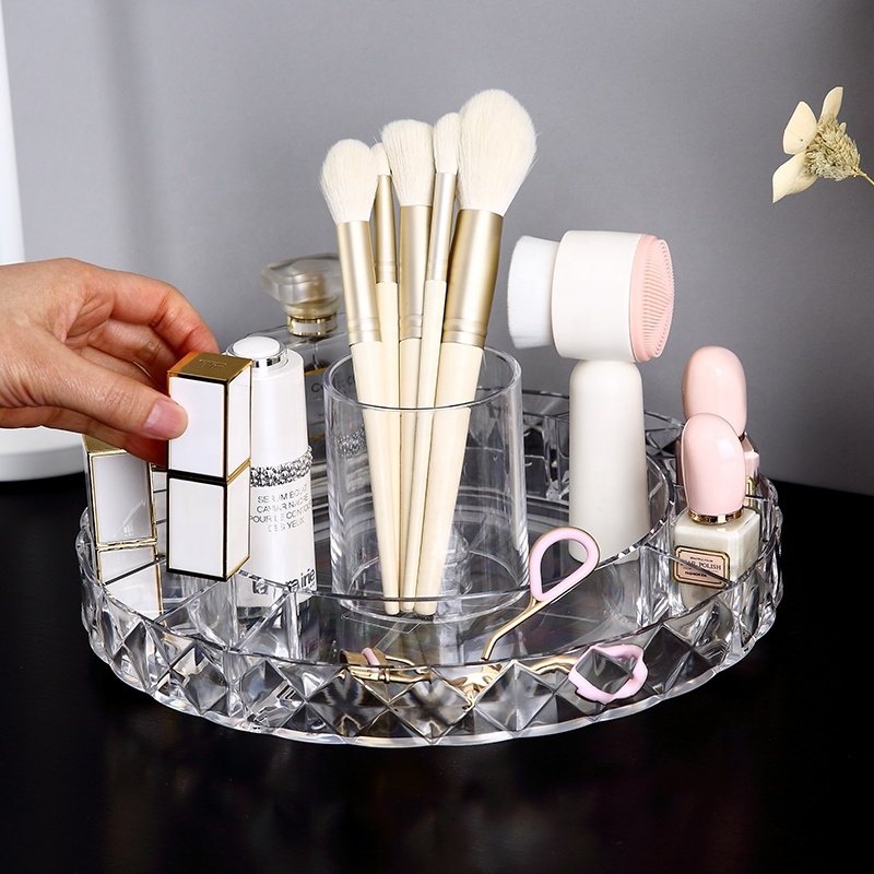 Wholesale clear round shape single layer 360 degree rotating plastic cosmetic makeup multi-drawers organizer storage box