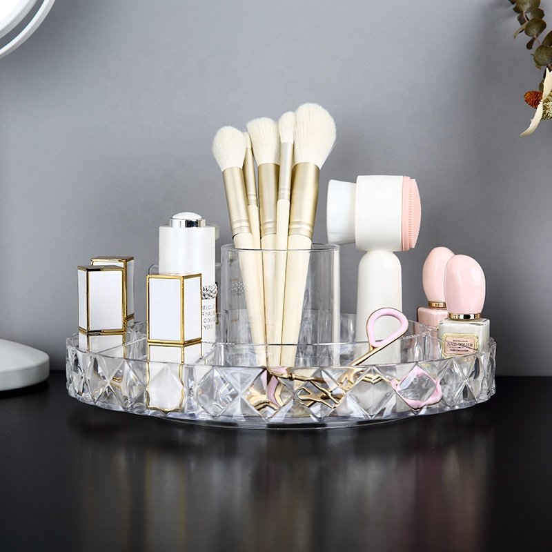 Wholesale clear round shape single layer 360 degree rotating plastic cosmetic makeup multi-drawers organizer storage box