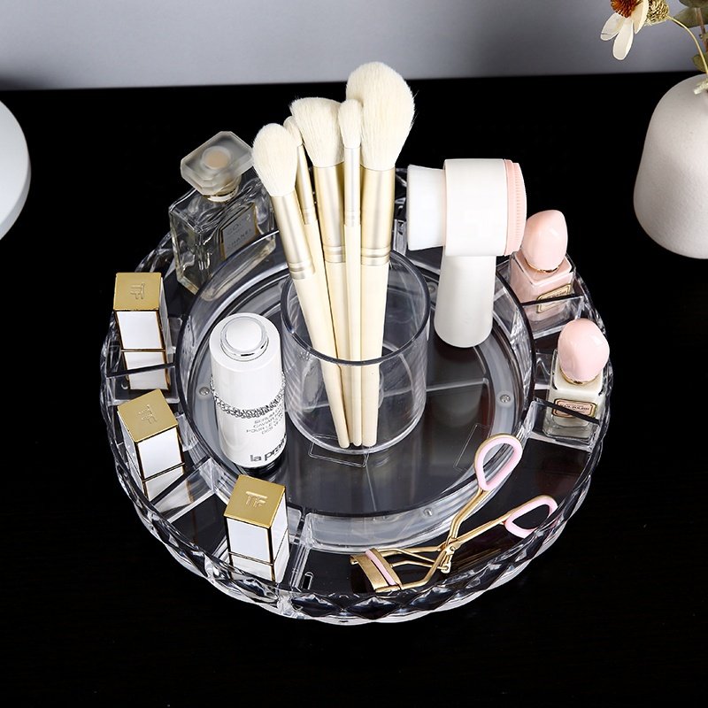 Wholesale clear round shape single layer 360 degree rotating plastic cosmetic makeup multi-drawers organizer storage box