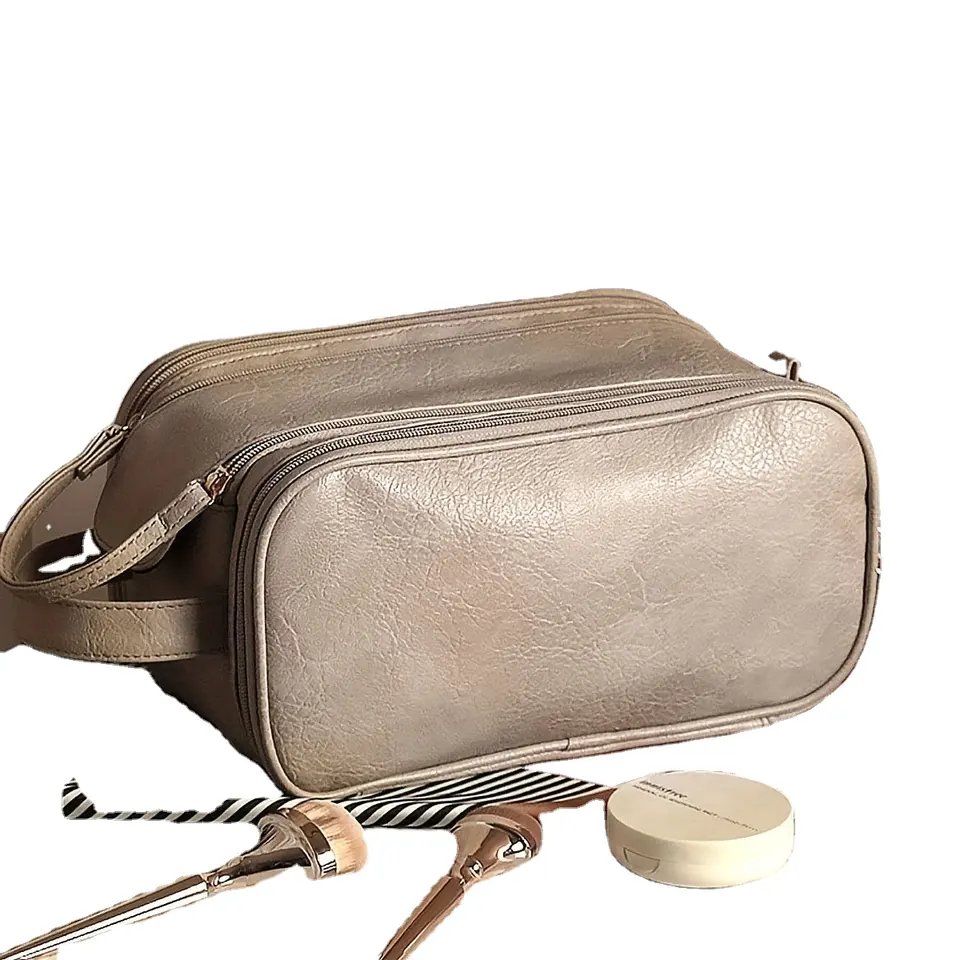 Fashion Portable PU Leather Metal Zipper Case Large Cosmetic Bag Organizer Toiletry Bag Custom Travel Makeup Bag for women