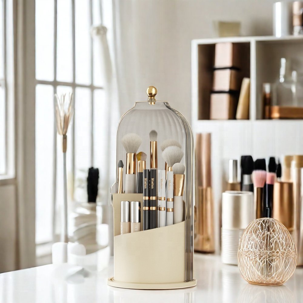 Christmas Gift Ideas Luxury Makeup Brush Holder Dresser Desktop Organizer Transparent Rotatable Plastic Cosmetics Storage Box