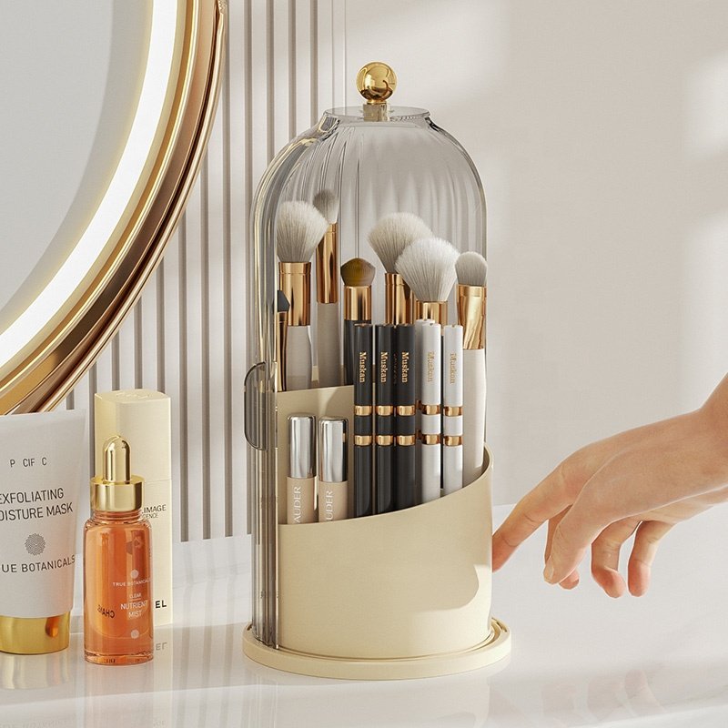 Christmas Gift Ideas Luxury Makeup Brush Holder Dresser Desktop Organizer Transparent Rotatable Plastic Cosmetics Storage Box