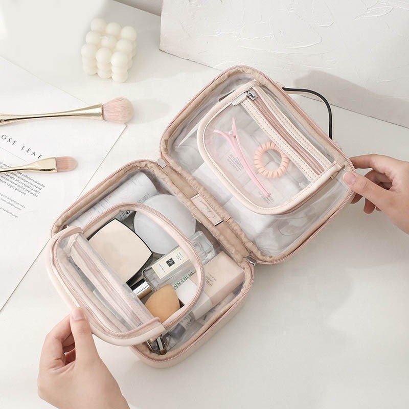Custom Logo PVC Waterproof Opening Zipper Cosmetic Bag Toiletry Organizer Bag Transparent Fashion Bag For Women