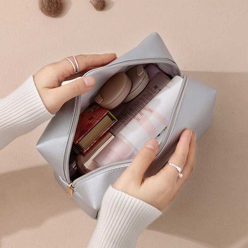 Custom logo travel pu leather makeup handbag cosmetic pouch toiletries storage bag