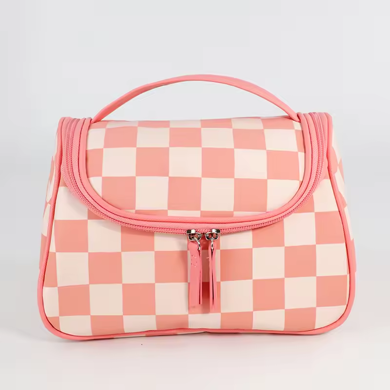 Custom Checkered print Travel Ladies Large Cosmetic organize High Quality Waterproof Nylon Makeup Bag