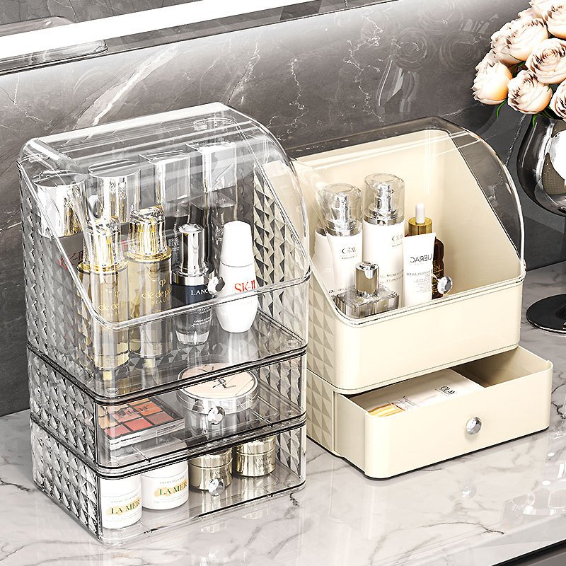 Home Luxury Multi-function portable pull-out dustproof large capacity makeup cosmetic storage box with mirror and drawer
