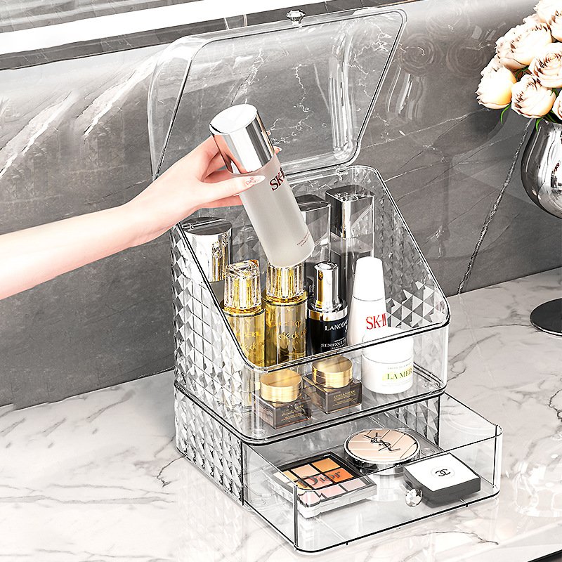 Home Luxury Multi-function portable pull-out dustproof large capacity makeup cosmetic storage box with mirror and drawer