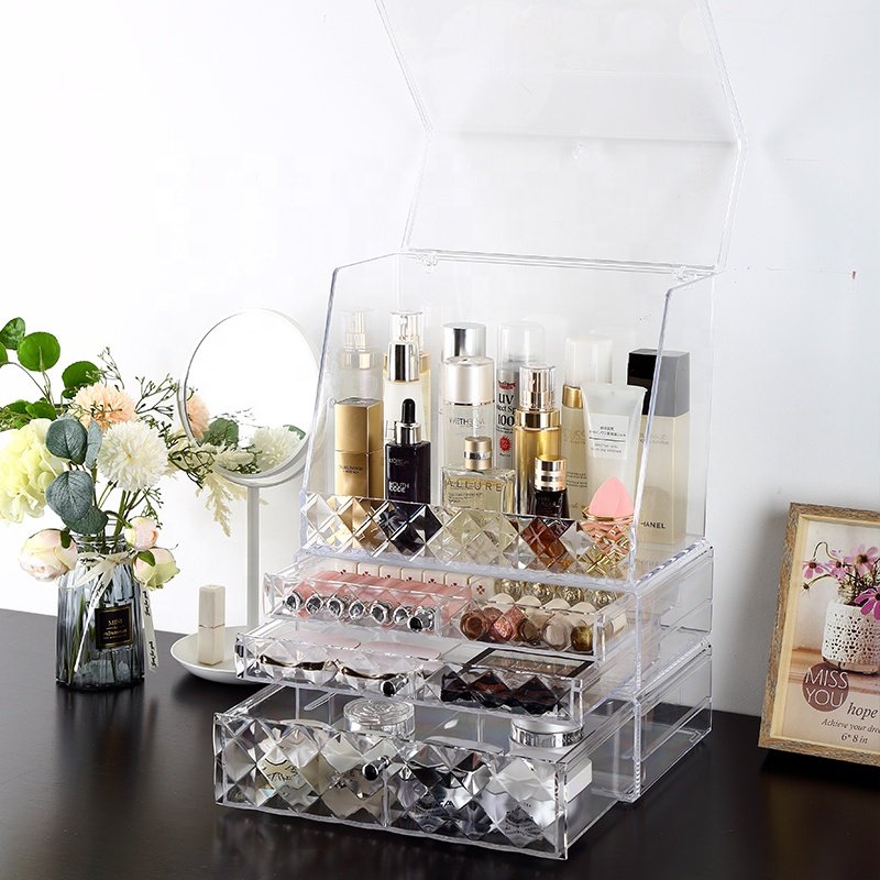 Extra large desk clamshell stackable dustproof cosmetic make up jewelry storage drawer plastic makeup organizer set