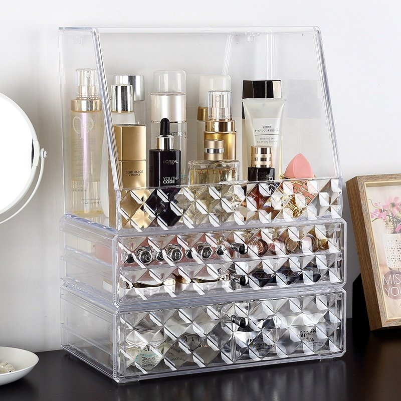 Extra large desk clamshell stackable dustproof cosmetic make up jewelry storage drawer plastic makeup organizer set