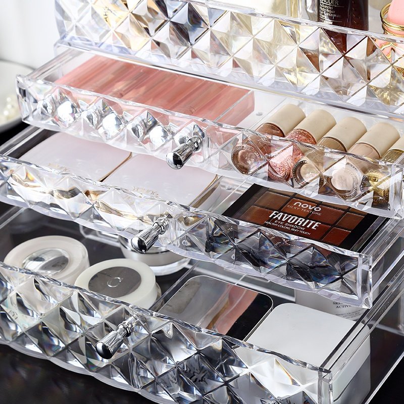 Extra large desk clamshell stackable dustproof cosmetic make up jewelry storage drawer plastic makeup organizer set