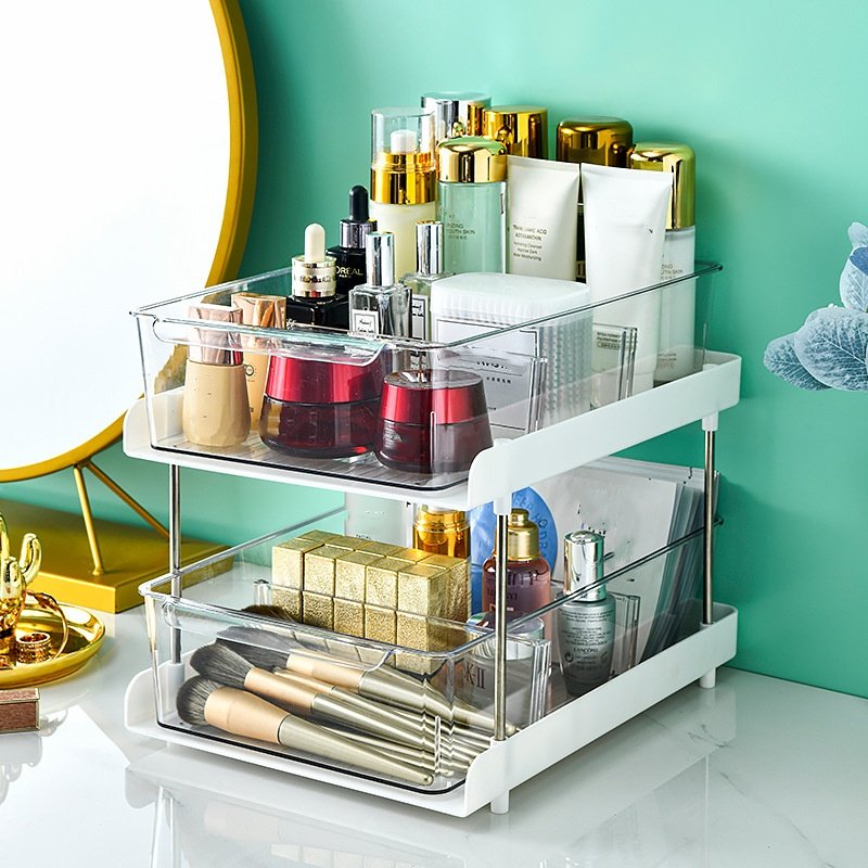 OWNSWING 2-Tier Bathroom Organizers Stackable Kitchen Pantry Organization Plastic Cosmetics Storage With Pull Out Drawers