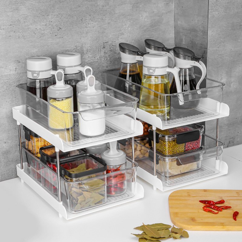 OWNSWING 2-Tier Bathroom Organizers Stackable Kitchen Pantry Organization Plastic Cosmetics Storage With Pull Out Drawers