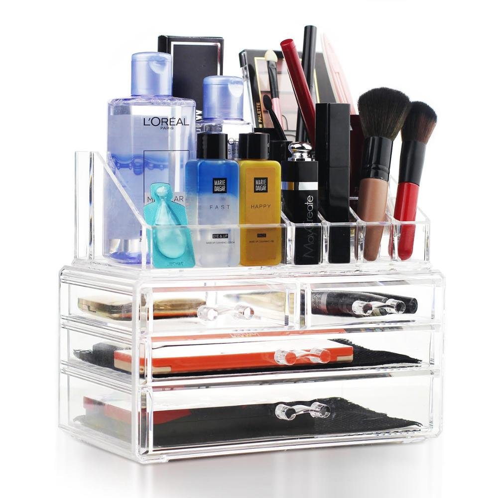 Makeup Organizer and Cosmetic Make Up Organizer Countertop Storage Box Brush Holder Clear Jewelry Organizer Bathroom Vanity Tray