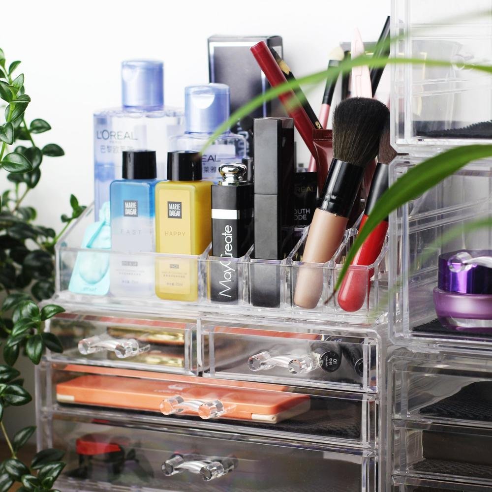 Makeup Organizer and Cosmetic Make Up Organizer Countertop Storage Box Brush Holder Clear Jewelry Organizer Bathroom Vanity Tray