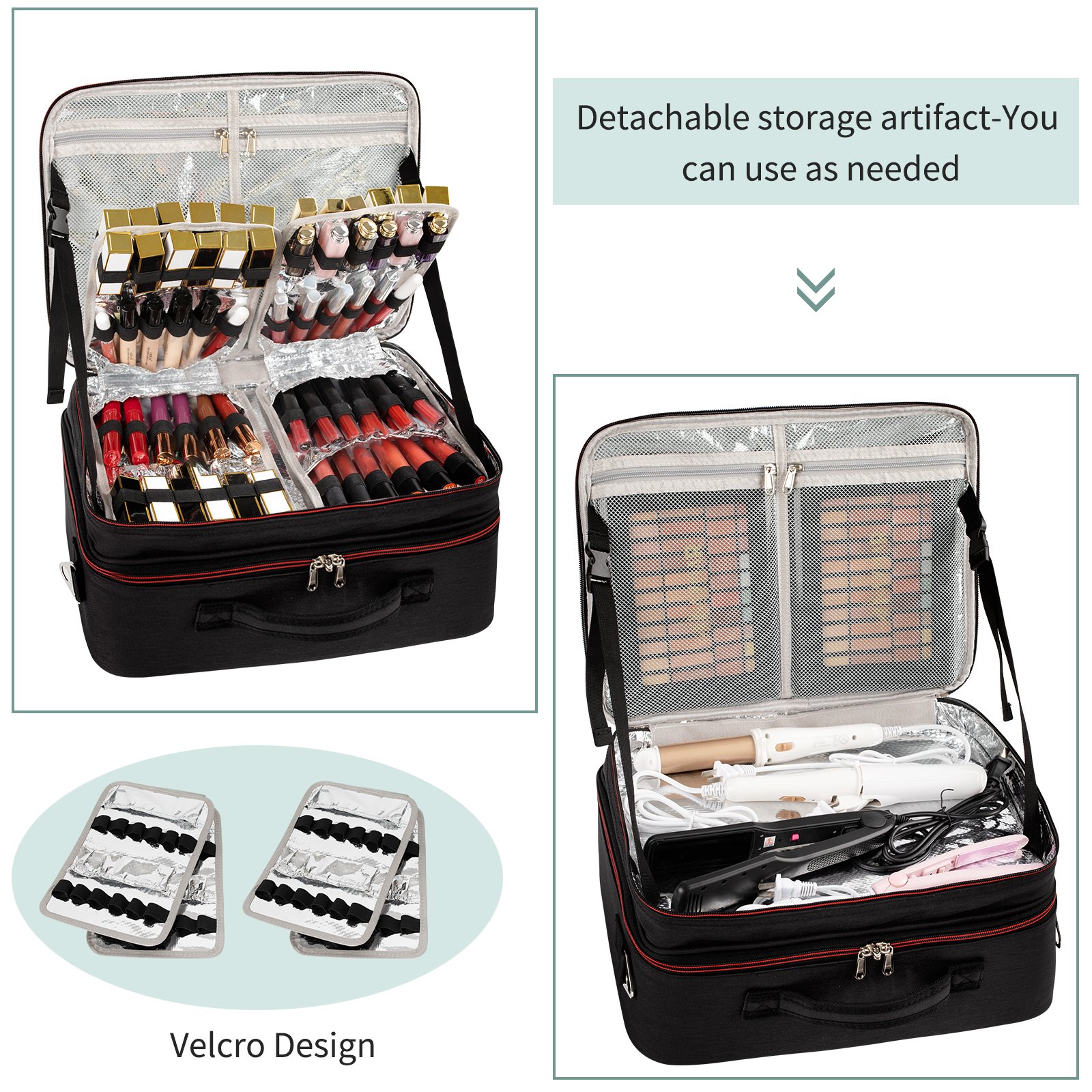 Relavel Makeup Bag Travel Cosmetic Case Artist Storage Bag with Plastic Divider and Heat Insulation Layer For Lipstick Makeup