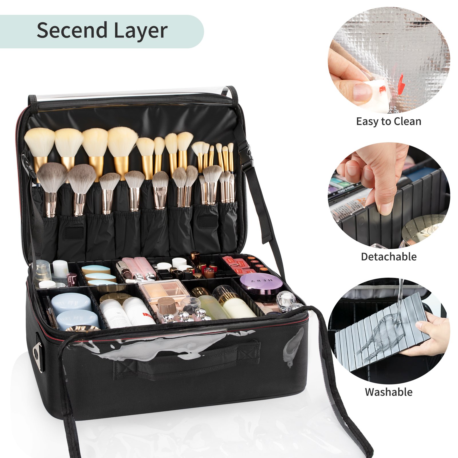 Relavel Makeup Bag Travel Cosmetic Case Artist Storage Bag with Plastic Divider and Heat Insulation Layer For Lipstick Makeup