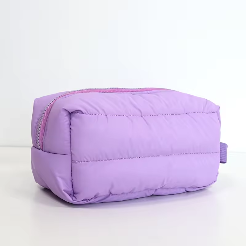 wholesales Custom Logo Quilted Padded Storage Bag Nylon Puffer Puffy Travel Cosmetic Makeup Pouch Bag with Handle