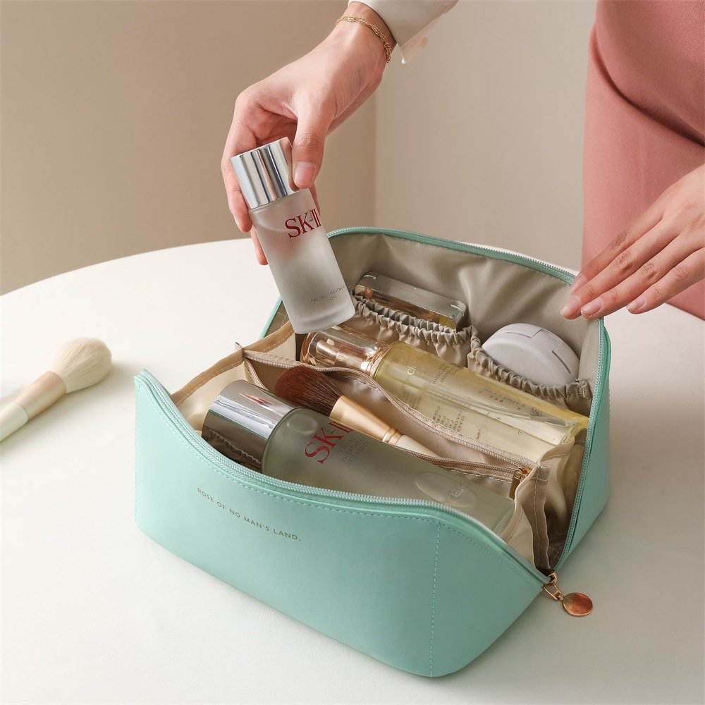 Portable PU Cosmetic Bag Travel Makeup Storage Beige Organ Pillow Bag Big Capacity Waterproof Toiletry Bag