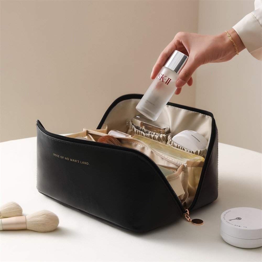 Portable PU Cosmetic Bag Travel Makeup Storage Beige Organ Pillow Bag Big Capacity Waterproof Toiletry Bag