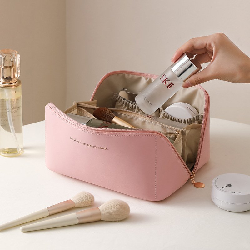 Portable PU Cosmetic Bag Travel Makeup Storage Beige Organ Pillow Bag Big Capacity Waterproof Toiletry Bag