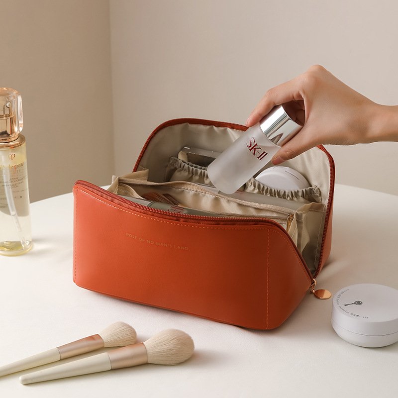 Portable PU Cosmetic Bag Travel Makeup Storage Beige Organ Pillow Bag Big Capacity Waterproof Toiletry Bag