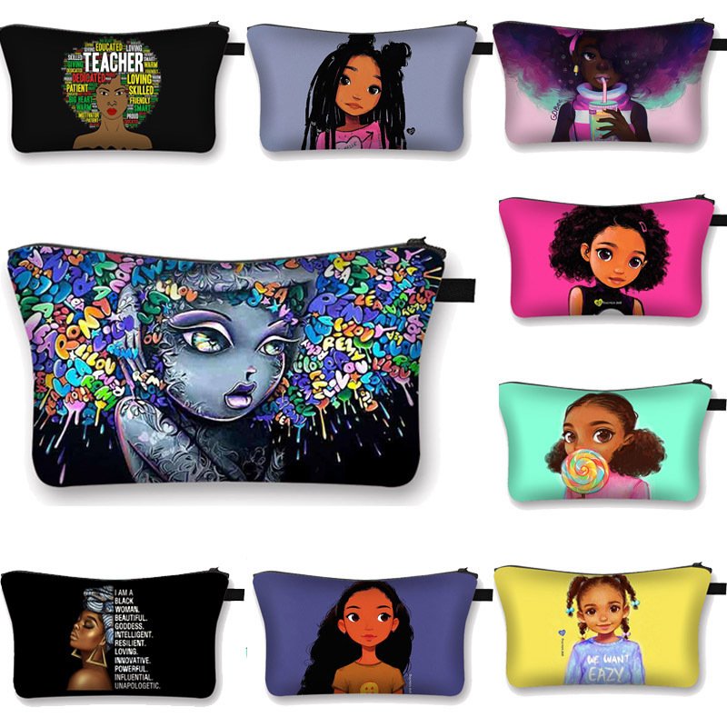 Pouch coinpurse african american pu leather black women cosmetic makeup bags for girl