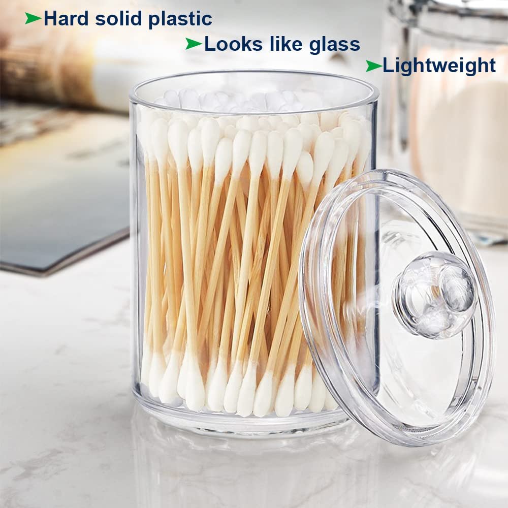 4 Pack Clear Plastic Apothecary Jars Lid Bathroom Dispenser Vanity Makeup Organizer Cotton Ball Pads Storage Organized Canister