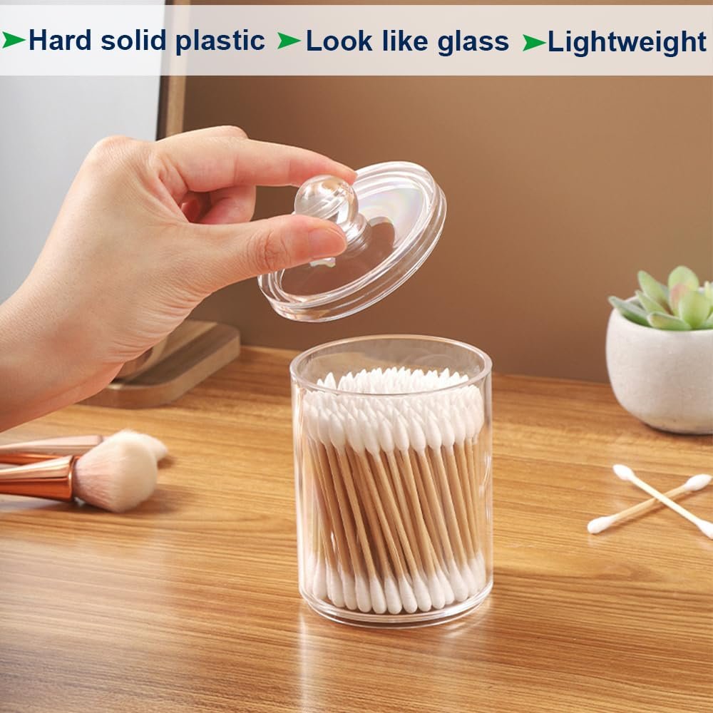 4 Pack Clear Plastic Apothecary Jars Lid Bathroom Dispenser Vanity Makeup Organizer Cotton Ball Pads Storage Organized Canister