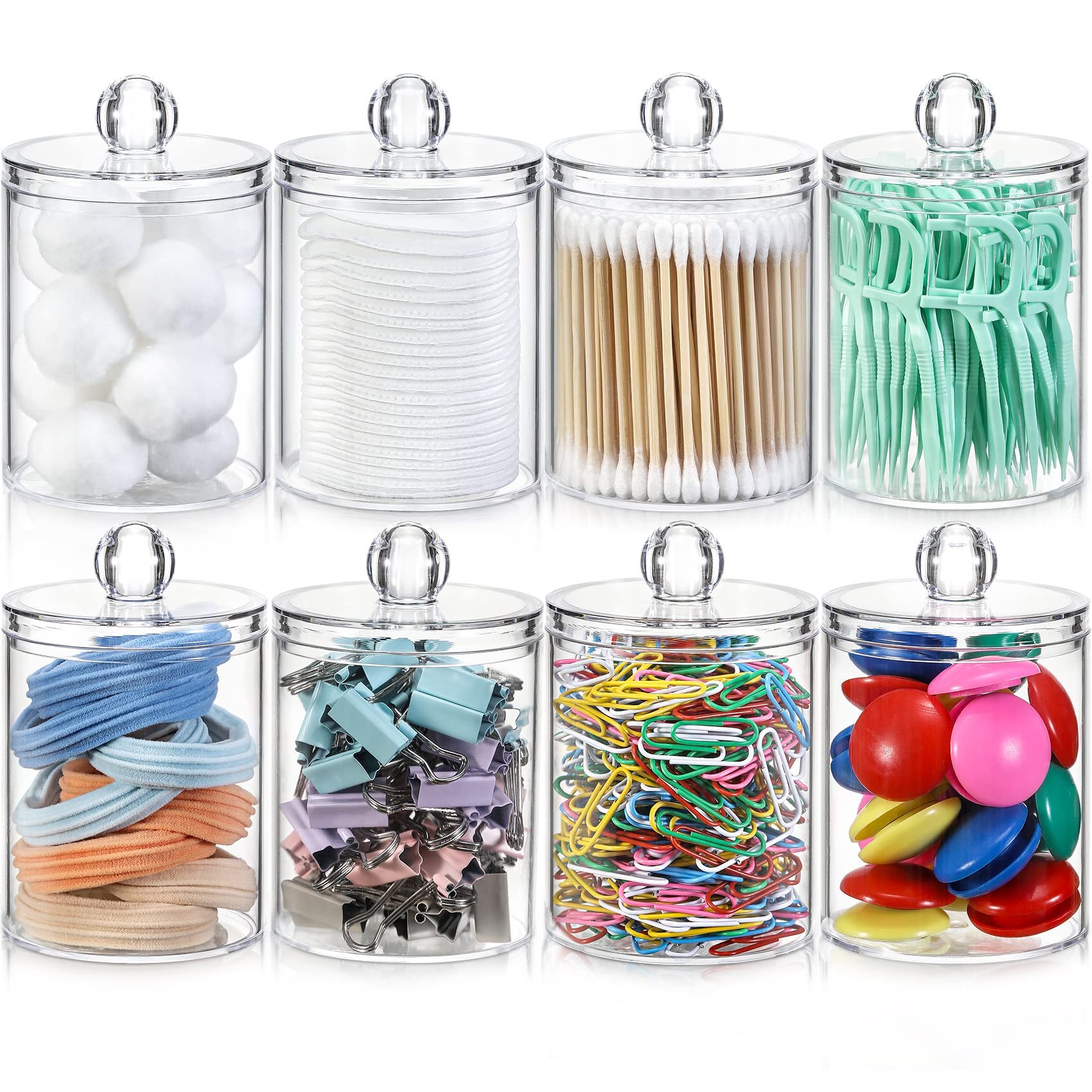 4 Pack Clear Plastic Apothecary Jars Lid Bathroom Dispenser Vanity Makeup Organizer Cotton Ball Pads Storage Organized Canister