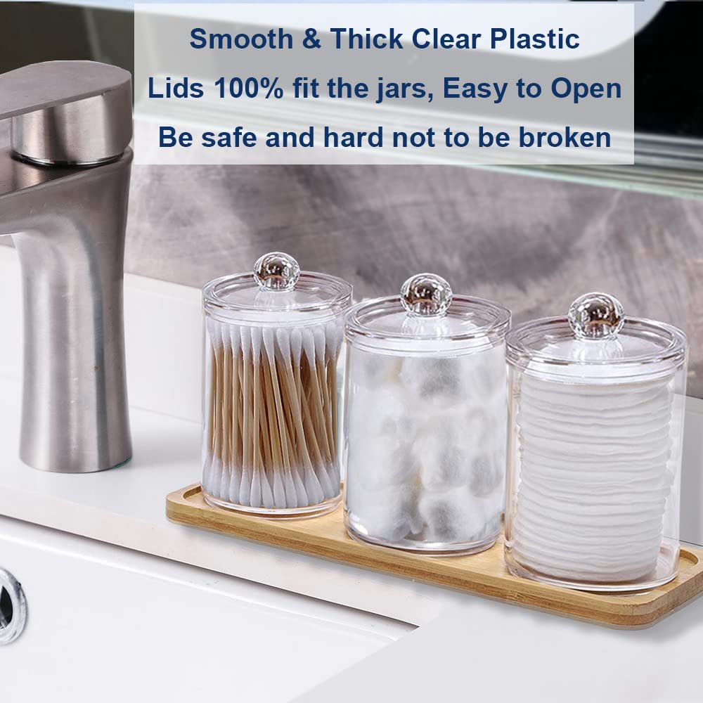 4 Pack Clear Plastic Apothecary Jars Lid Bathroom Dispenser Vanity Makeup Organizer Cotton Ball Pads Storage Organized Canister