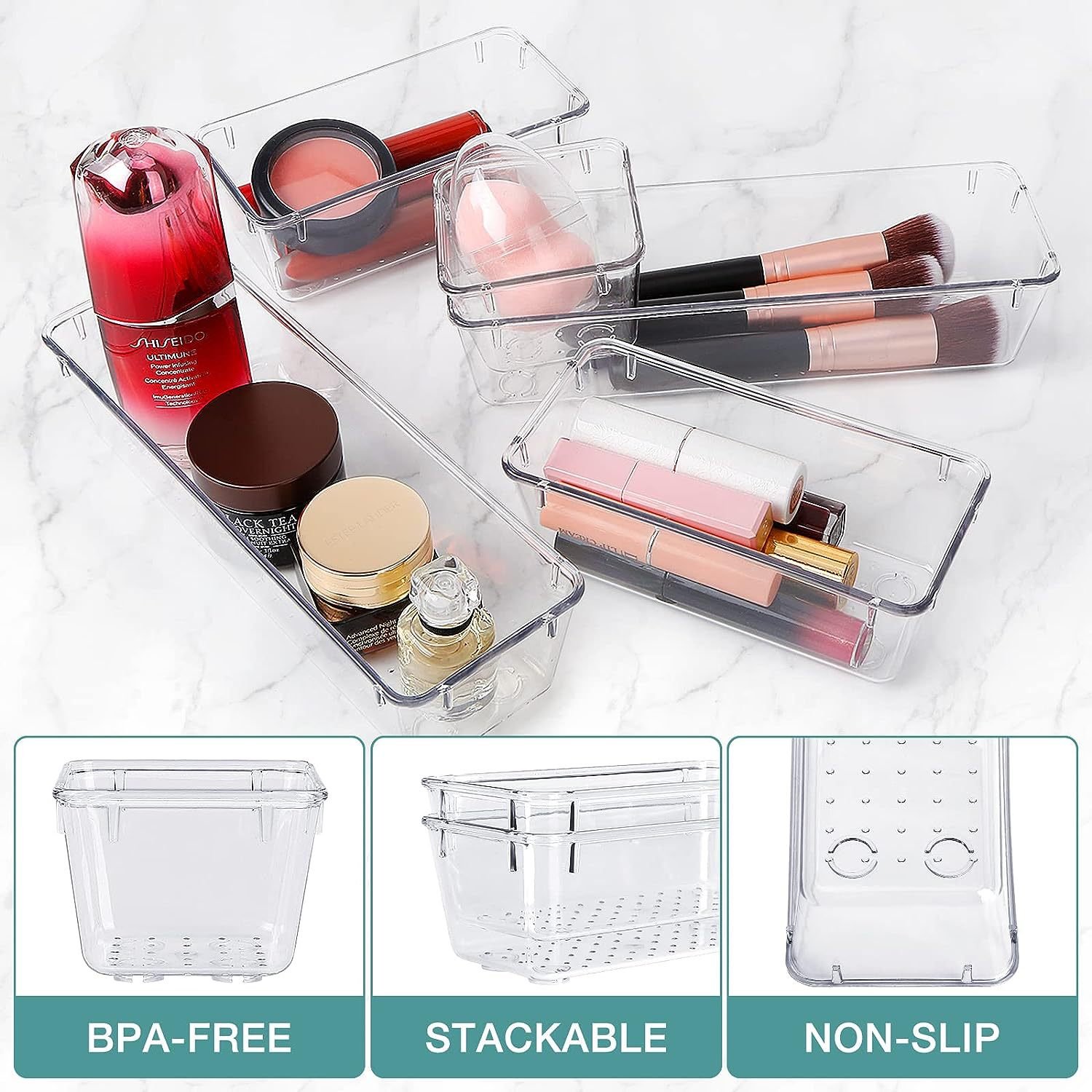 37 Pack Clear Plastic Drawer Organizers Tray 4-Size Storage Bins for Makeup Jewelries Kitchen Utensils and Office
