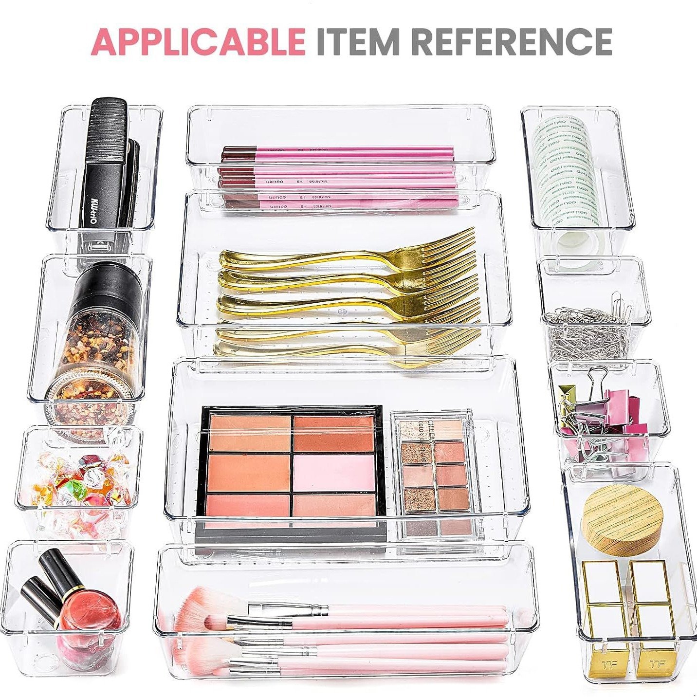 37 Pack Clear Plastic Drawer Organizers Tray 4-Size Storage Bins for Makeup Jewelries Kitchen Utensils and Office