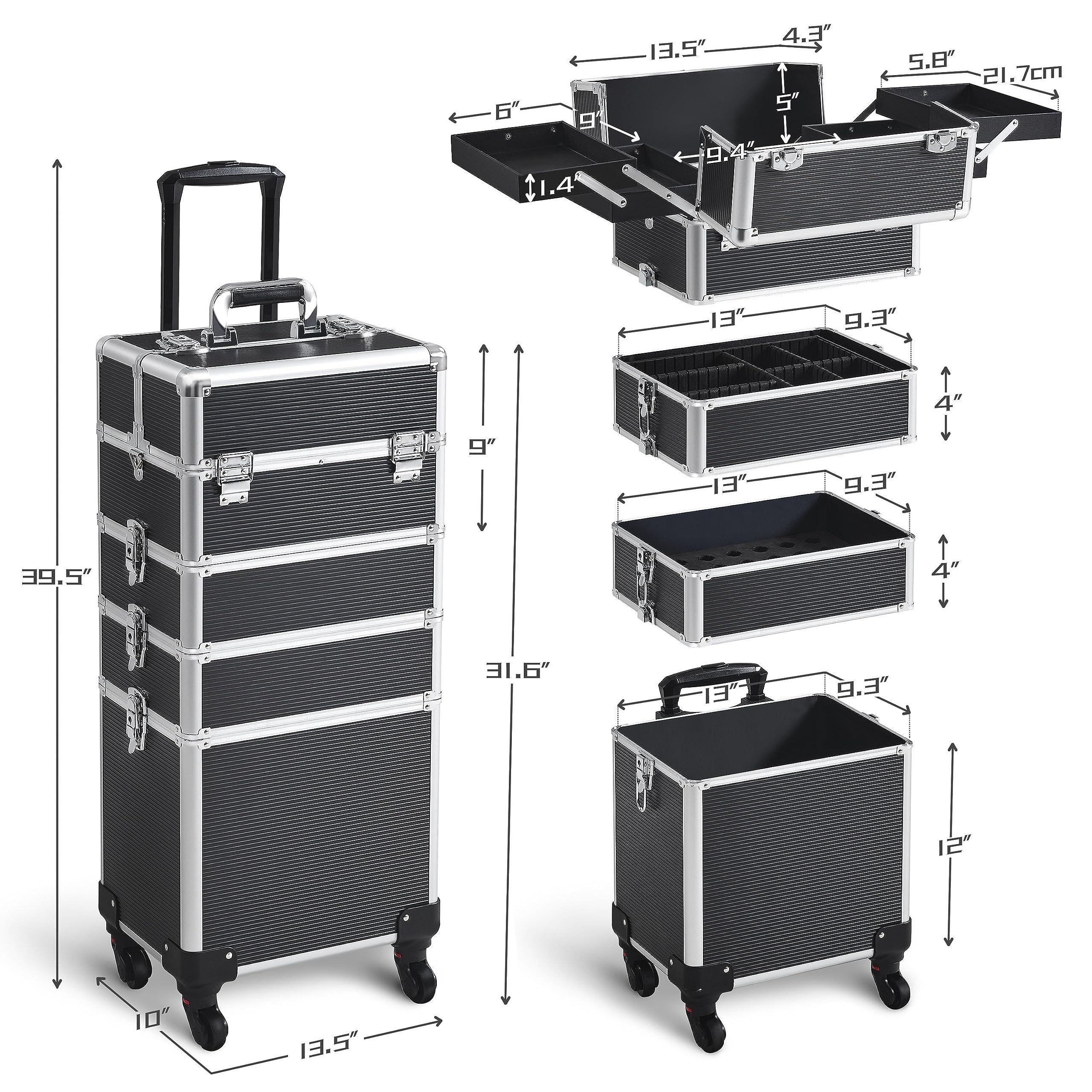 5 in 1 Wheels Aluminum Beauty Travel Case Rolling Cosmetic Organizers 5 in 1 Cosmetology Case