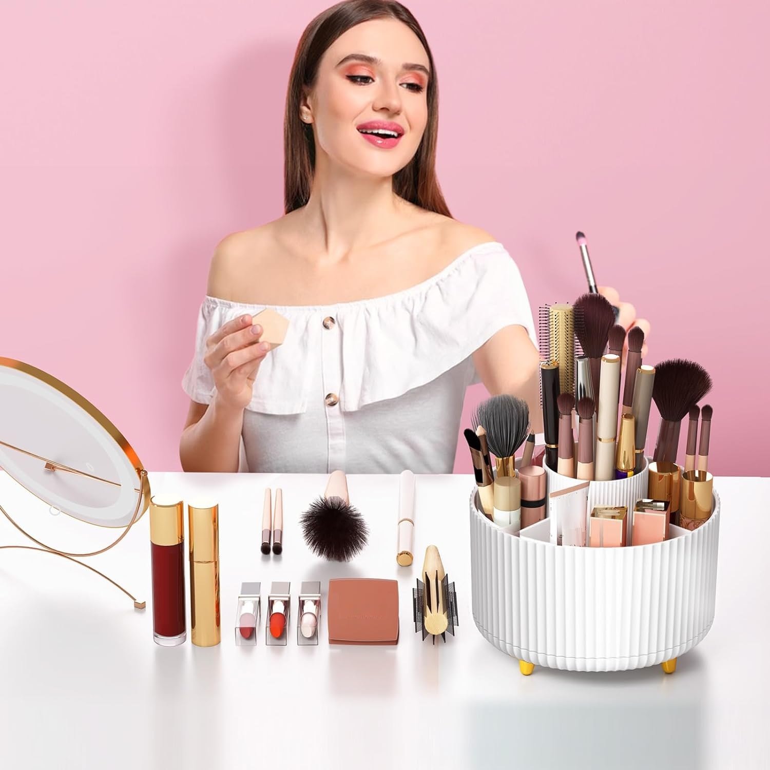360 Degree Rotating Makeup Brush Organizer,Desktop Storage Tray For Cosmetics And Skincare,Bathroom Vanity Desktop Organizer