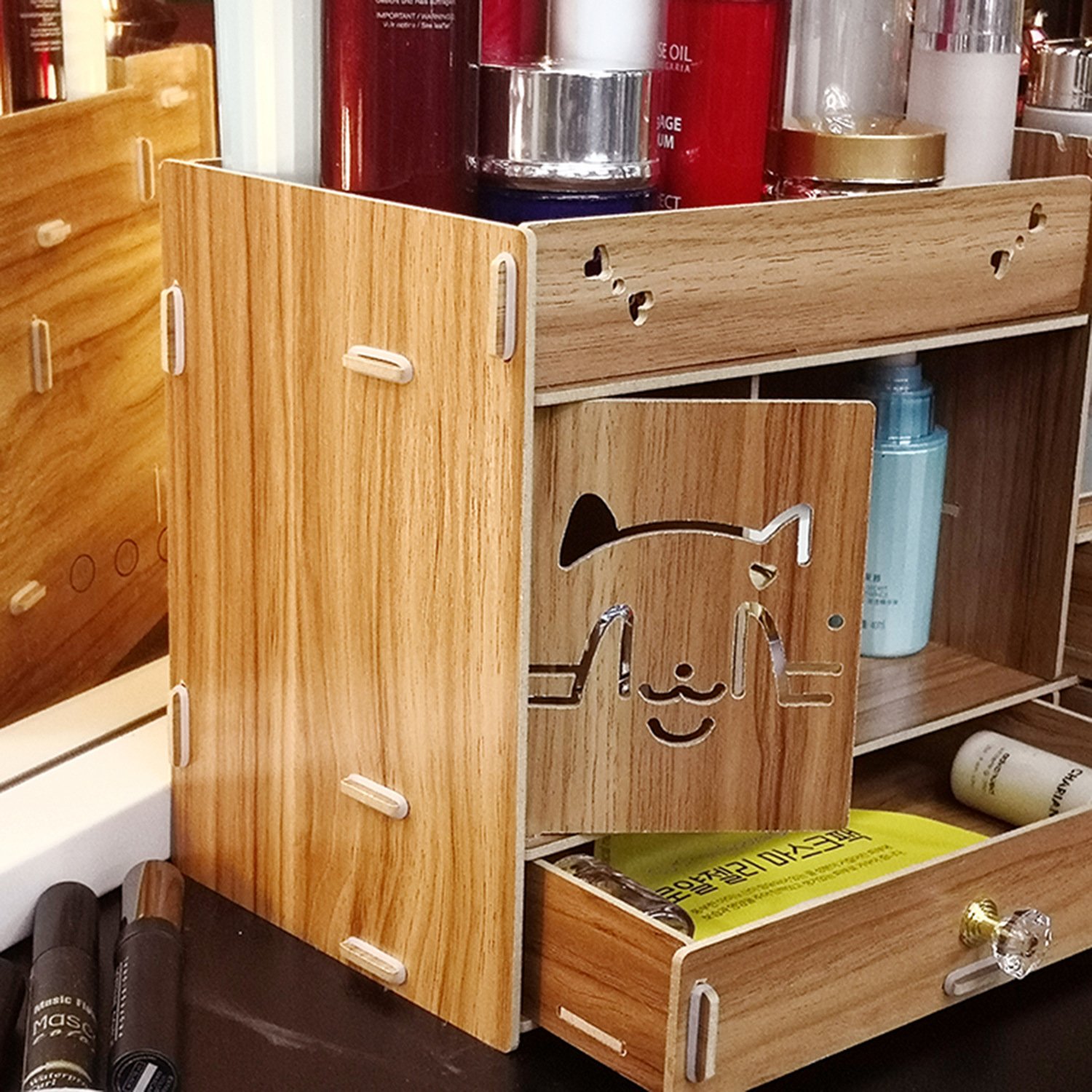 Makeup Organizer Wooden Dresser Organizer,Lipstick Organizers And Storage With Mirror,Makeup Storage Drawers Built-in Mirror R