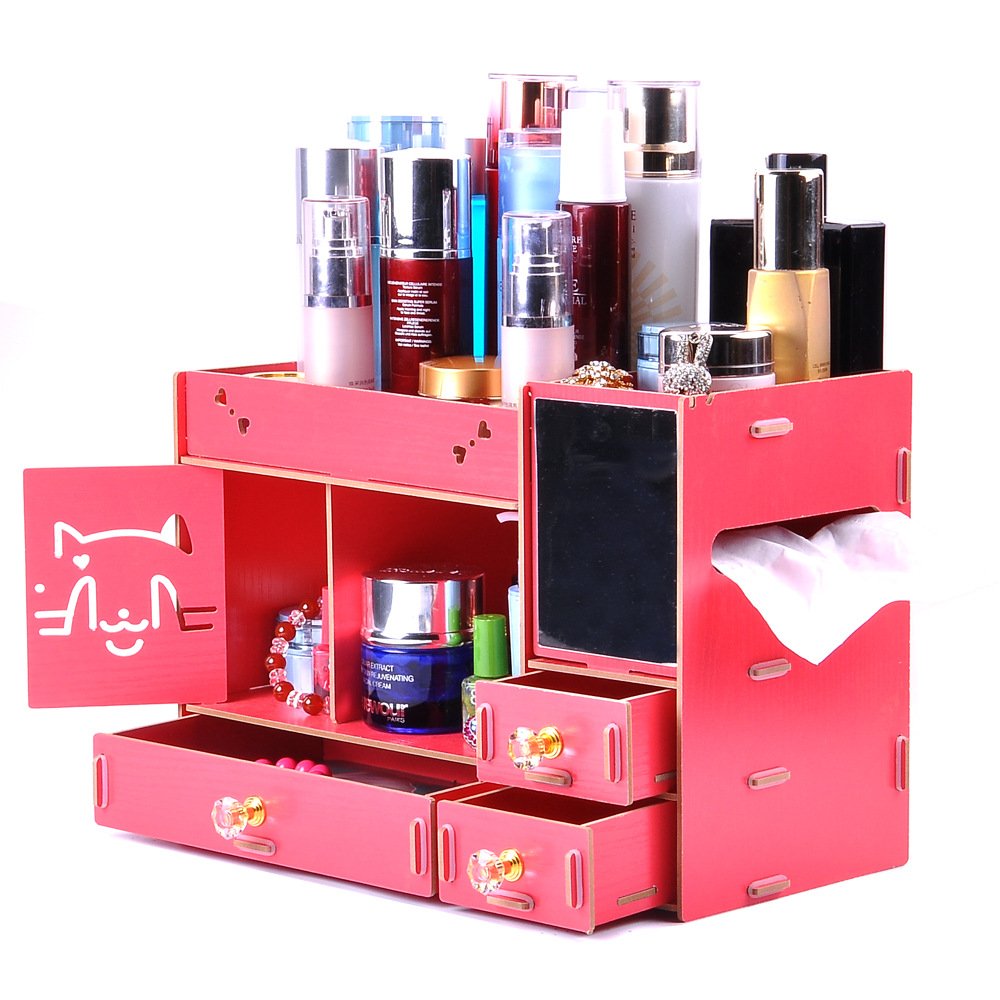 Makeup Organizer Wooden Dresser Organizer,Lipstick Organizers And Storage With Mirror,Makeup Storage Drawers Built-in Mirror R