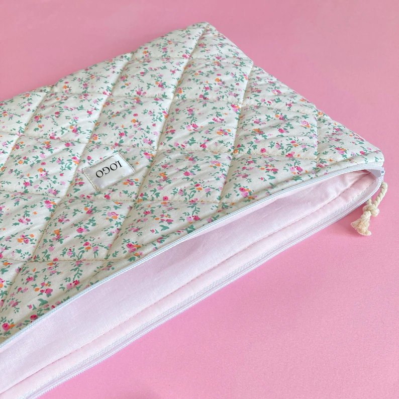 Wholesale Custom Logo Travel Women Quilted Cotton Computer Sleeve Laptop Zipper Pouch Bags