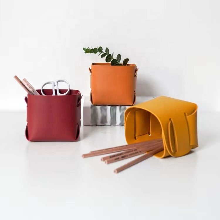 Desktop Foldable Pen holder Makeup Brush Storage Organizer Box PU Leather Creative Storage Container