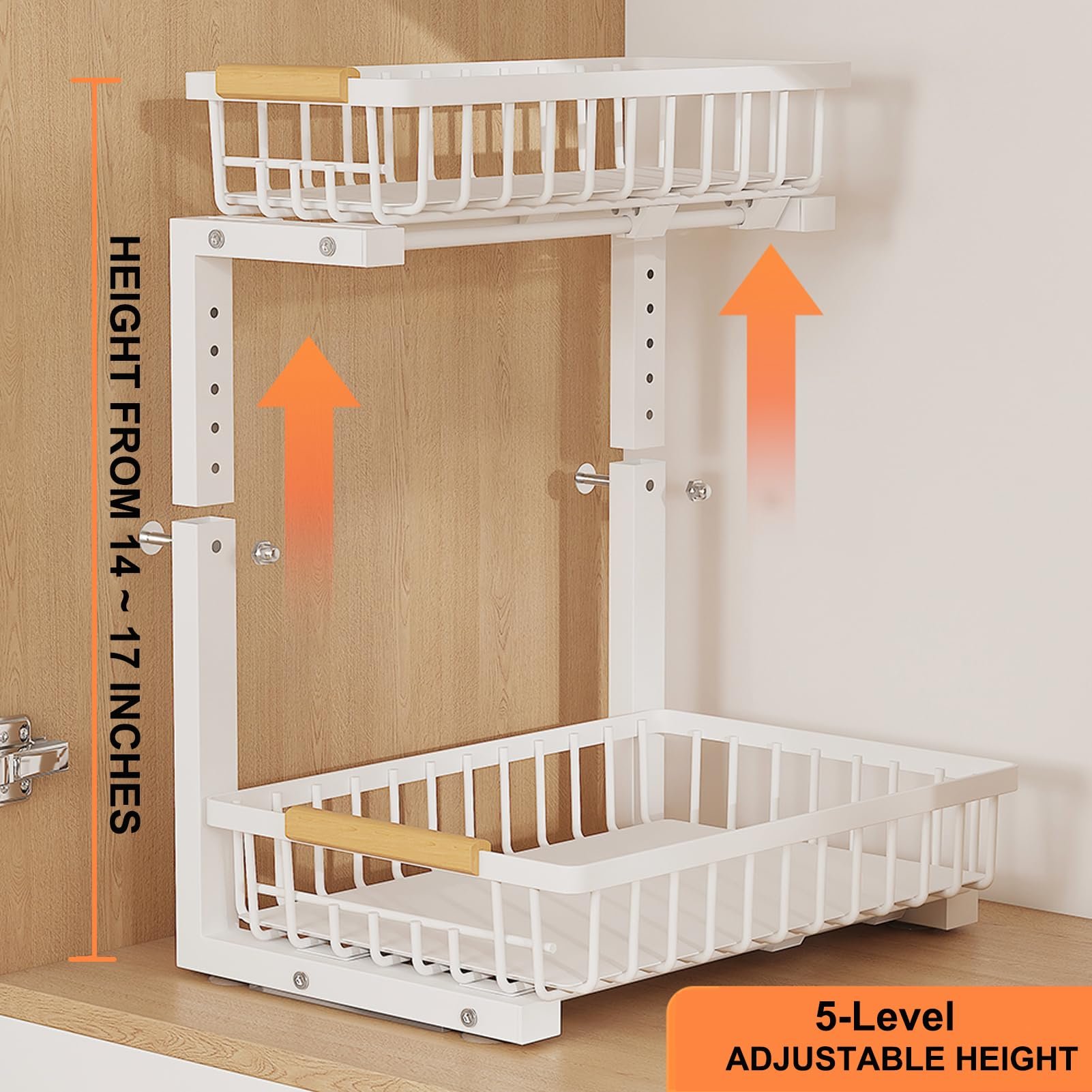 Bathroom Kitchen Cabinet 2 Tier Under Sink Adjustable Height Pull Out Drawer Storage Organizer shelf for Cabinets with Hook