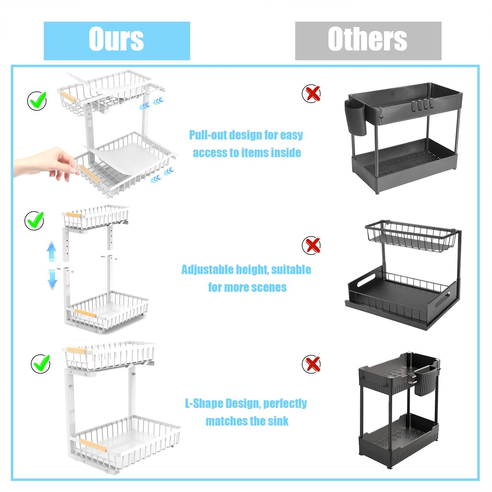 Bathroom Kitchen Cabinet 2 Tier Under Sink Adjustable Height Pull Out Drawer Storage Organizer shelf for Cabinets with Hook