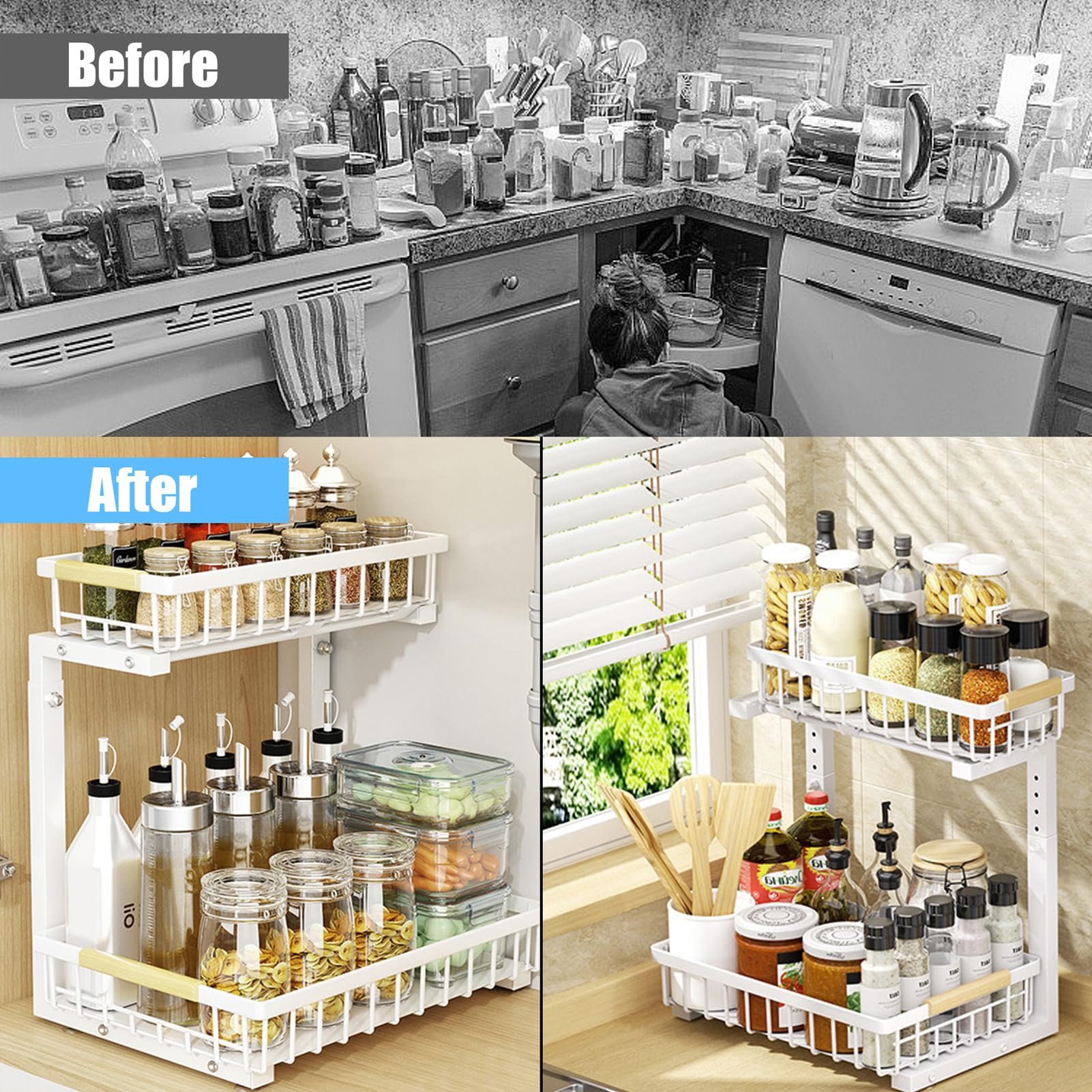 Bathroom Kitchen Cabinet 2 Tier Under Sink Adjustable Height Pull Out Drawer Storage Organizer shelf for Cabinets with Hook