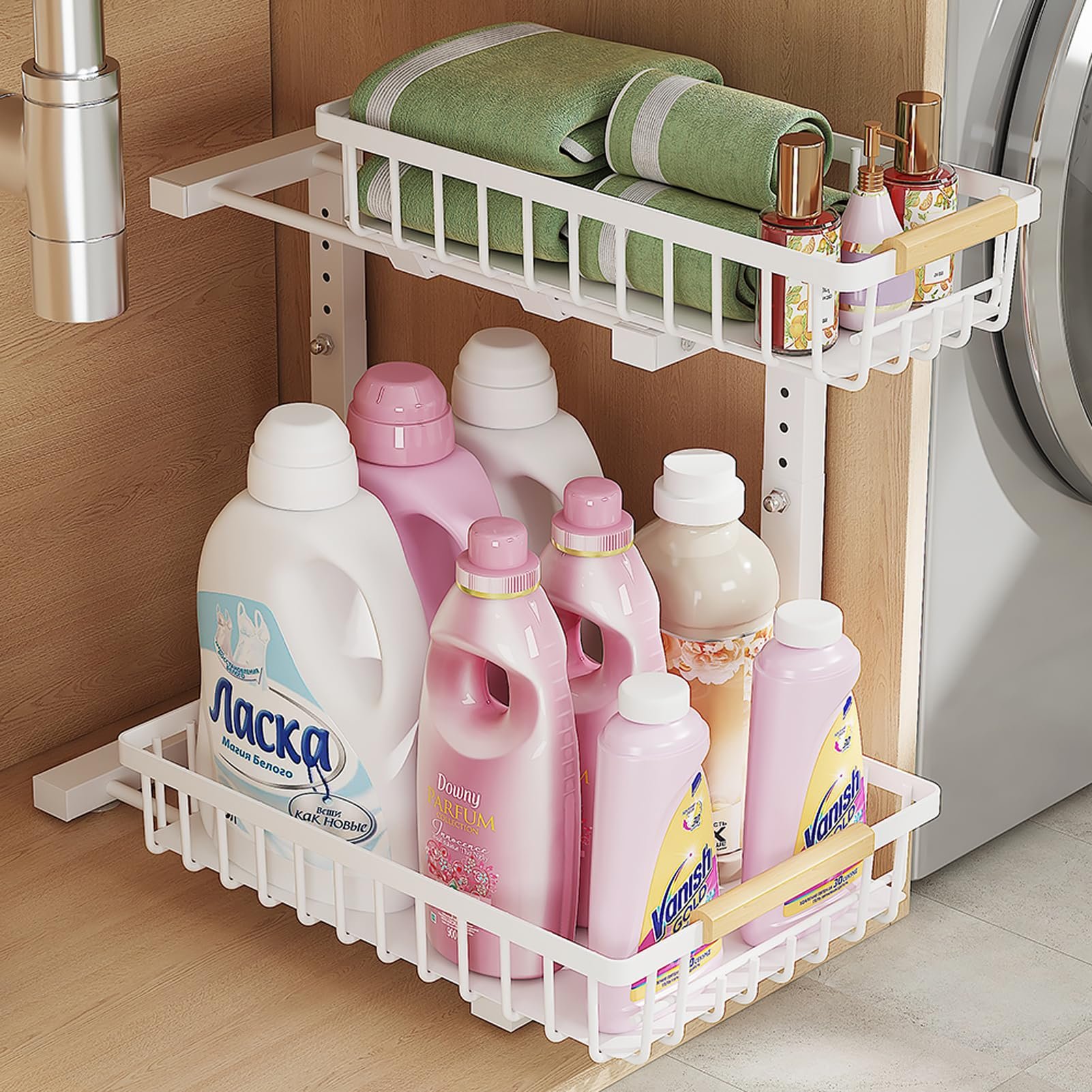 Bathroom Kitchen Cabinet 2 Tier Under Sink Adjustable Height Pull Out Drawer Storage Organizer shelf for Cabinets with Hook