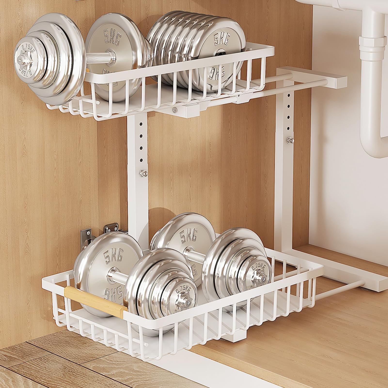 Bathroom Kitchen Cabinet 2 Tier Under Sink Adjustable Height Pull Out Drawer Storage Organizer shelf for Cabinets with Hook