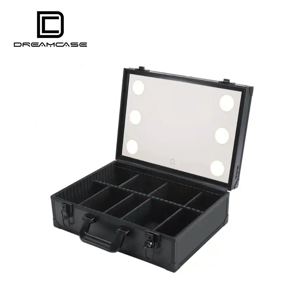 4 LED lighted makeup travel case cosmetics organizer box with dimmable led lights