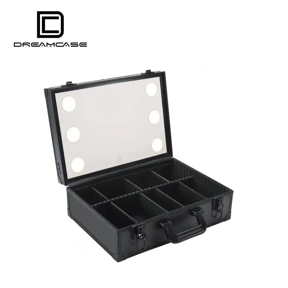 4 LED lighted makeup travel case cosmetics organizer box with dimmable led lights