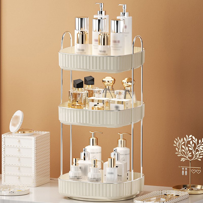 Two-color light luxury cosmetics three-layer organizer square rotating dresser lipstick skincare products shelf