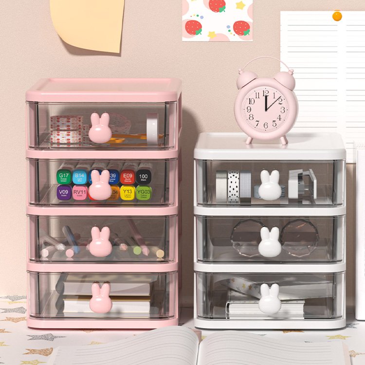 Multi-layer cartoon cute pink clear drawer desktop organizer pp plastic storage cabinet