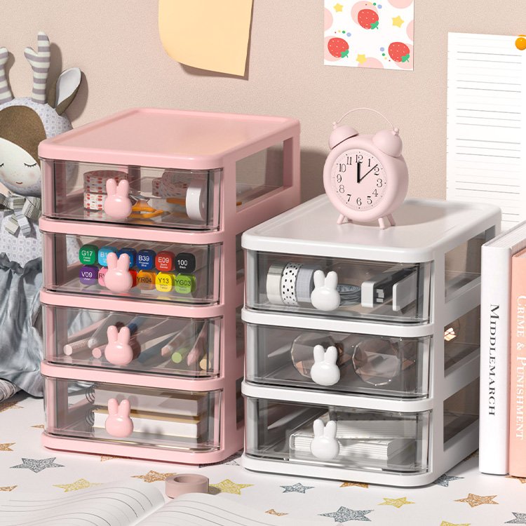 Multi-layer cartoon cute pink clear drawer desktop organizer pp plastic storage cabinet